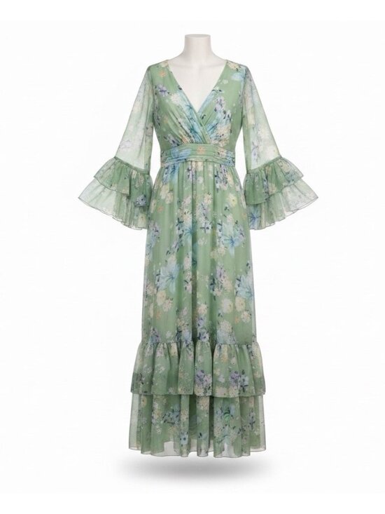 Mac Duggal Dresses & Skirts - Mac Duggal Womens Green Floral Polyester Maxi Dress Elegant Bell Sleeves Sz 16